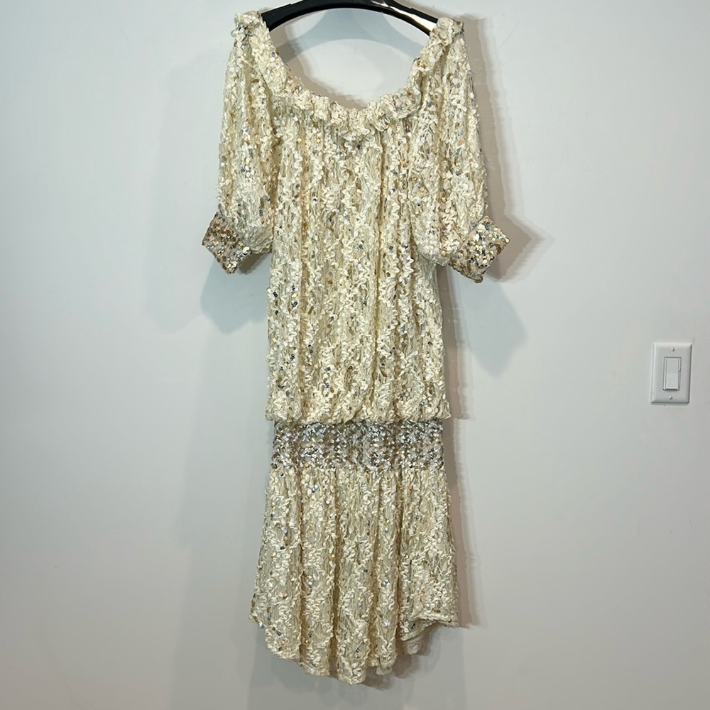 Vintage ivory lace sequin drop waist vintage 1980s cocktail dress
